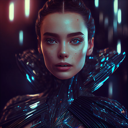 Portrait of a sci-fi cyberpunk girl. High-tech futuristic woman from the future. The concept of virtual reality and cyberpunk. Generative AI Art.の素材