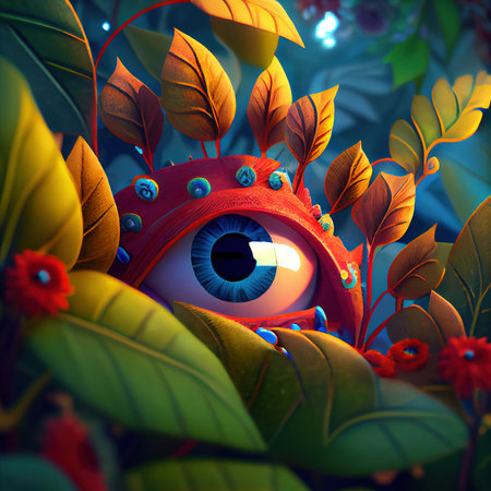 A bizarrely beautiful alien eye in the midst of alien plants. An alien eye with bright colors. Generative AI Art.の素材