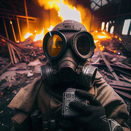 Portrait of a surviving stalker in an old gas mask against an apocalyptic background. Survivor of nuclear war. The concept of the post-apocalypse. Generative AI Artの素材