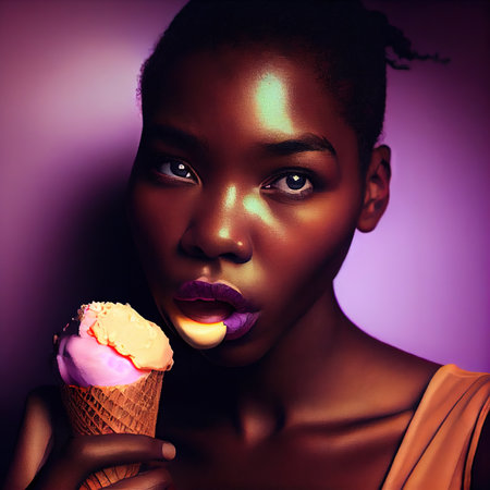 An abstract portrait of a beautiful fictional girl with a ice cream. A fashionable pretty woman. Creative pretty girl. Generative AI Art.の素材