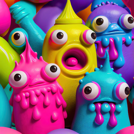 Abstract magical funny cartoon monsters. Lots of colored paint, ink, funny monsters and rainbow colors. Colorful wonderful surrealism of dreams. The concept of dreams and illusions. Generative AI Artの素材