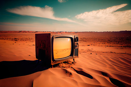 An old TV lying in the middle of a wasteland. A post-apocalyptic deserted place. The concept of the apocalypse. Generative AI Artの素材