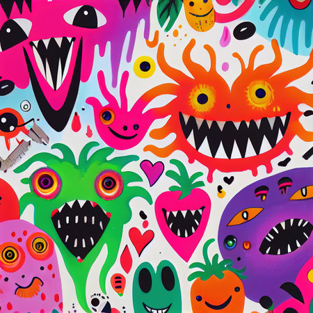 Abstract magical funny cartoon monsters. Lots of colored paint, ink, funny monsters and rainbow colors. Colorful wonderful surrealism of dreams. The concept of dreams and illusions. Generative AI Artの素材