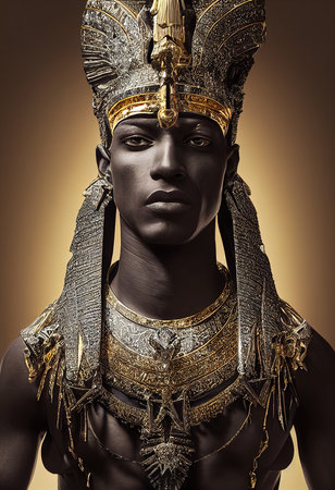 A beautiful young Egyptian pharaoh, a golden crown, wearing elegant clothes and jewelry. Generative AI Artの素材