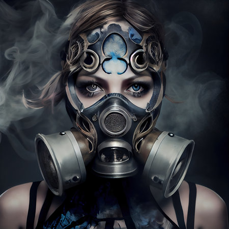 Portrait of a surviving stalker in an old gas mask against an apocalyptic background. Survivor of nuclear war. The concept of the post-apocalypse. Generative AI Artの素材