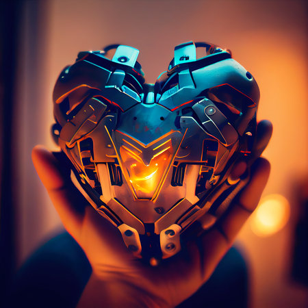 Portrait of a futuristic robot with a mechanical heart in his hands. An artistic abstract cyberpunk fantasy. The concept of the modern robot. Generative AI Artの素材