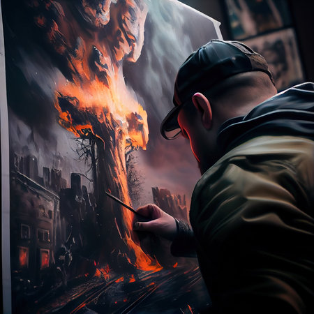 Artist at work. A view of the artists workstation with samples of drawings and pencils. Generative AI Art.の素材