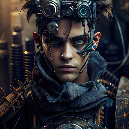 Portrait of a sci-fi cyberpunk man. High-tech futuristic man from the future. The concept of virtual reality and cyberpunk. Generative AI Art.の素材