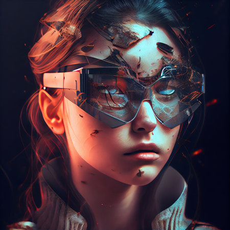 Portrait of a sci-fi cyberpunk girl. High-tech futuristic woman from the future. The concept of virtual reality and cyberpunk. Generative AI Art.の素材