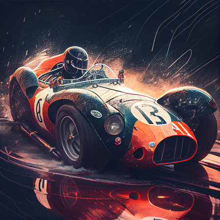 Retromobile involved in the race and races through the dusty road. Generative AI Artの素材