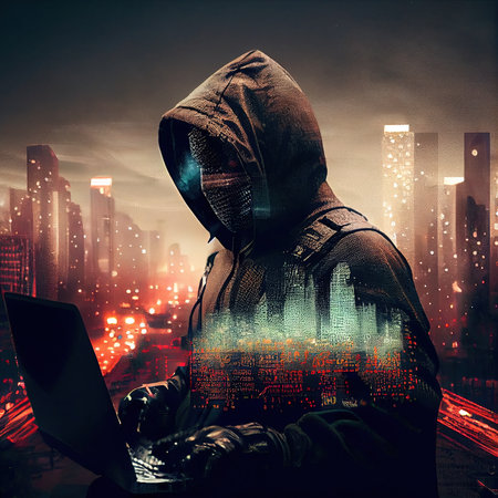 Portrait of a sci-fi cyberpunk hacker. High-tech futuristic man from the future. The concept of virtual reality and cyberpunk. Generative AI Art.の素材