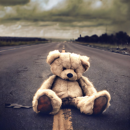 An abandoned teddy bear lying on a road. Apocalyptic dark atmosphere. Generative AI Artの素材