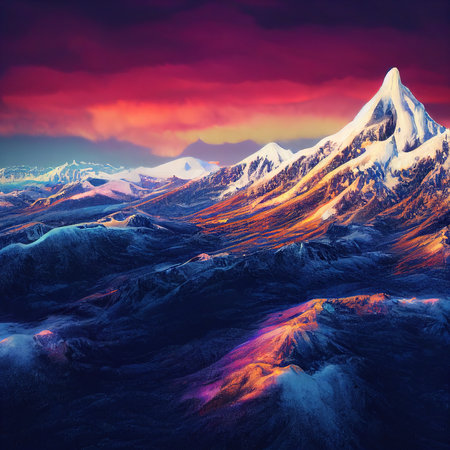 Beautiful ancient mountains at sunset, in the evening sunlight and in the fog. Generative AI Artの素材