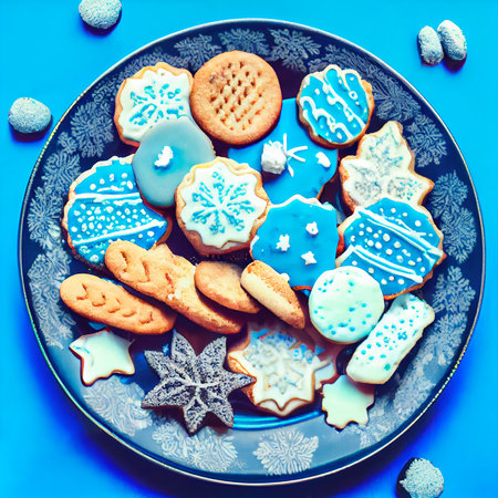 Delicious homemade Christmas cookies and other Christmas treats, close-up view. Generative AI Artの素材