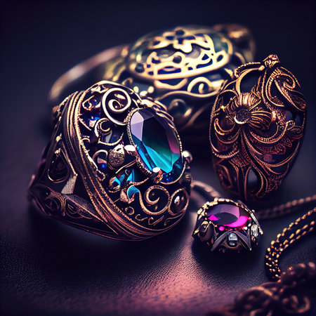 Gemstones, rings, earrings and bracelets. Jewelry and accessories for the fashionable woman. Generative AI Artの素材