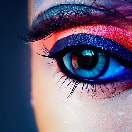 Fantasy eye with beautiful makeup close-up. The eye with bright colors. Generative AI Art.の素材