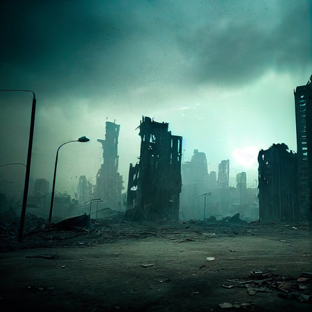 A post-apocalyptic ruined city. Destroyed buildings, destroyed roads, blown up skyscrapers. The concept of the apocalypse. Generative AI Artの素材