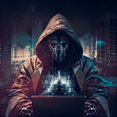 Portrait of a sci-fi cyberpunk hacker. High-tech futuristic man from the future. The concept of virtual reality and cyberpunk. Generative AI Art.の素材