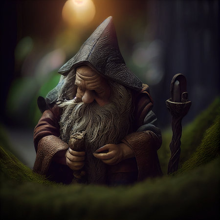 Funny little gnome in a green forest. The concept of fairy tale characters. Generative AI Art.の素材