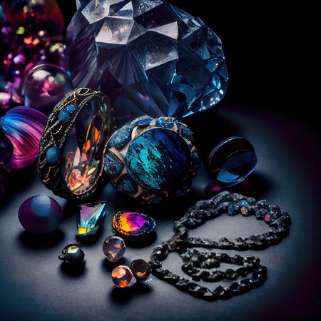 Gemstones, rings, earrings and bracelets. Jewelry and accessories for the fashionable woman. Generative AI Artの素材