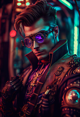 Portrait of a sci-fi cyberpunk man. High-tech futuristic man from the future. The concept of virtual reality and cyberpunk. Generative AI Art.の素材