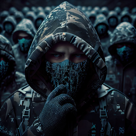 Portrait of a sci-fi cyberpunk hacker. High-tech futuristic man from the future. The concept of virtual reality and cyberpunk. Generative AI Art.の素材