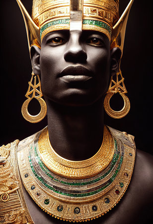 A beautiful young Egyptian pharaoh, a golden crown, wearing elegant clothes and jewelry. Generative AI Artの素材