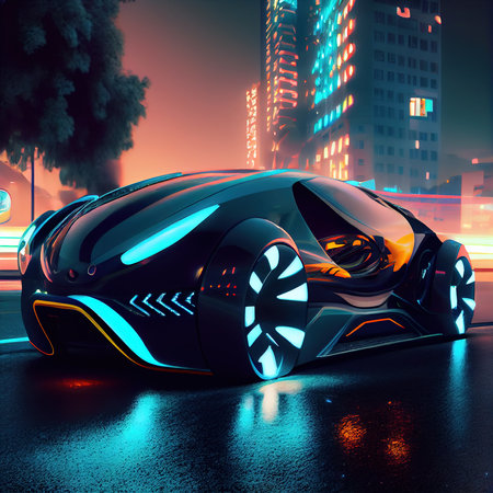 Image of a futuristic car against the backdrop of the city of the future. Concept of the car of the future. Generative AI Artの素材