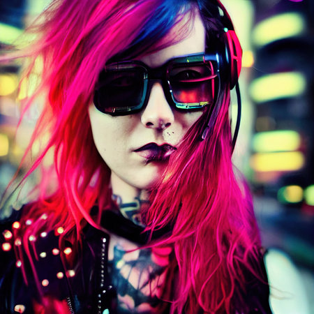 Portrait of a sci-fi cyberpunk girl. High-tech futuristic woman from the future. The concept of virtual reality and cyberpunk. Generative AI Art.の素材