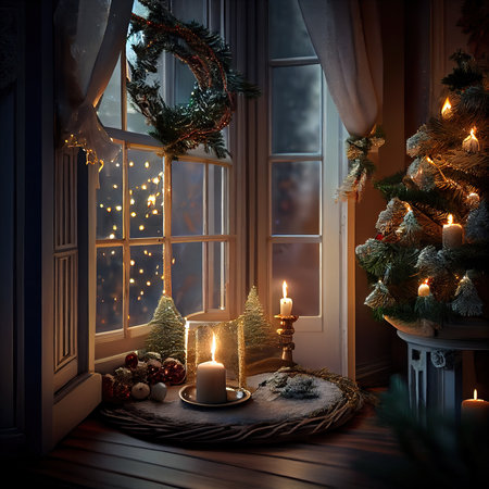 Christmas decoration on an abstract background. Christmas balls and tree branches. Generative AI Artの素材