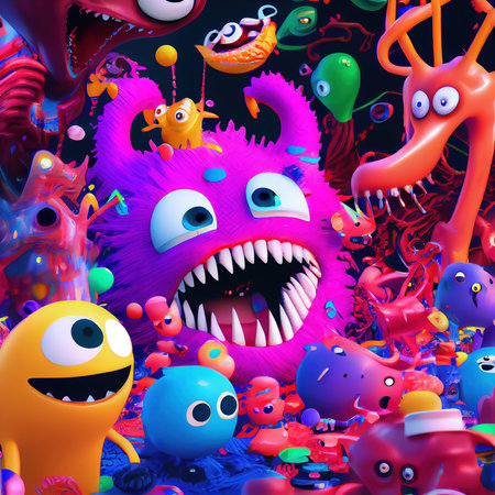 Abstract magical funny cartoon monsters. Lots of colored paint, ink, funny monsters and rainbow colors. Colorful wonderful surrealism of dreams. The concept of dreams and illusions. Generative AI Artの素材