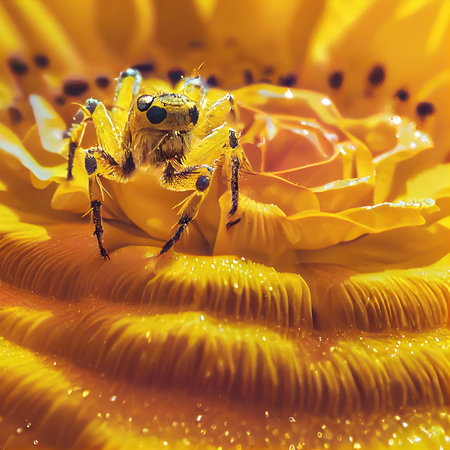 Macro shot of an unusual spider sitting on a flower, close-up. Generative AI Artの素材