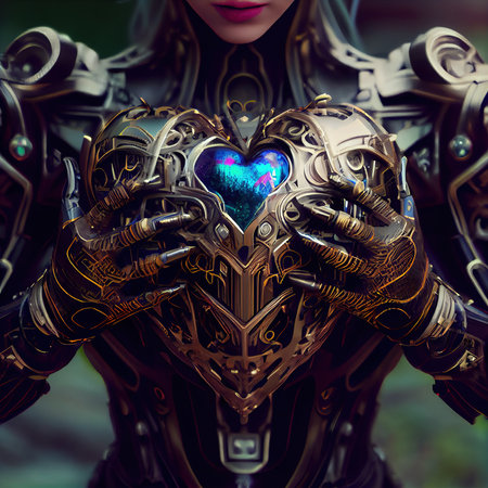 Portrait of a futuristic robot with a mechanical heart in his hands. An artistic abstract cyberpunk fantasy. The concept of the modern robot. Generative AI Artの素材