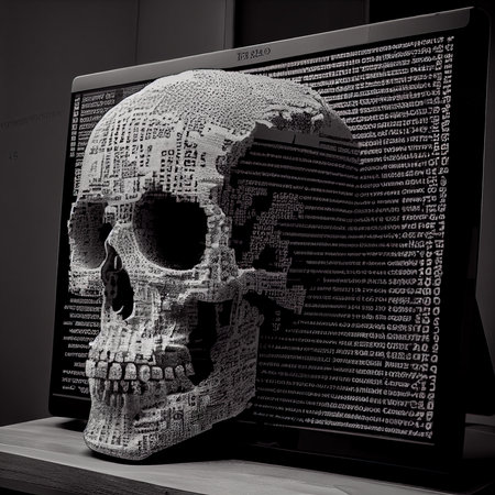 Portrait of a digital skull in the style of a sci-fi cyberpunk. The concept of hacking, virtual reality and cyberpunk. Generative AI Art.の素材