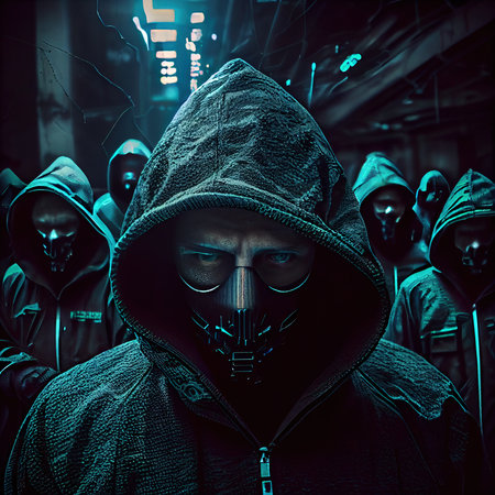 Portrait of a sci-fi cyberpunk hacker. High-tech futuristic man from the future. The concept of virtual reality and cyberpunk. Generative AI Art.の素材