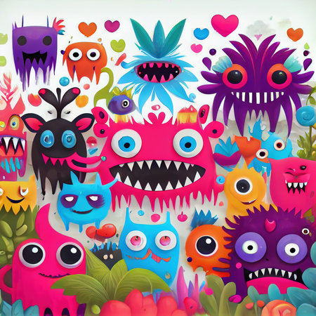 Abstract magical funny cartoon monsters. Lots of colored paint, ink, funny monsters and rainbow colors. Colorful wonderful surrealism of dreams. The concept of dreams and illusions. Generative AI Artの素材