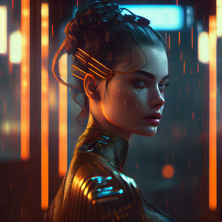 Portrait of a sci-fi cyberpunk girl. High-tech futuristic woman from the future. The concept of virtual reality and cyberpunk. Generative AI Art.の素材