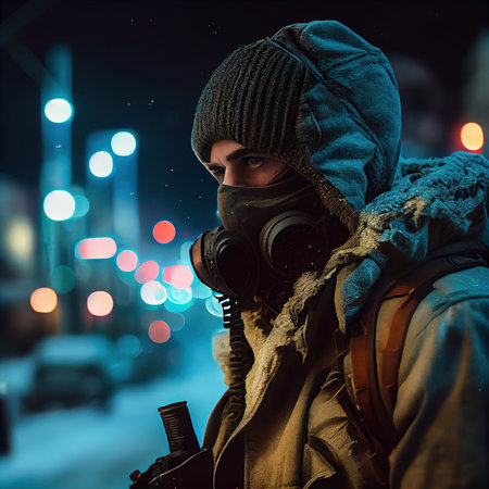Portrait of a surviving stalker in an old gas mask against an apocalyptic background. Survivor of nuclear war. The concept of the post-apocalypse. Generative AI Artの素材