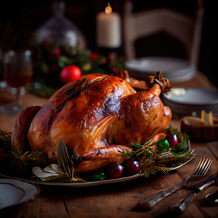 Christmas delicious juicy turkey. Holiday traditional dishes for Christmas or Thanksgiving. Generative AI Art.の素材
