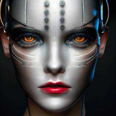 Portrait of a sci-fi cyberpunk girl. High-tech futuristic woman from the future. The concept of virtual reality and cyberpunk. Generative AI Art.の素材