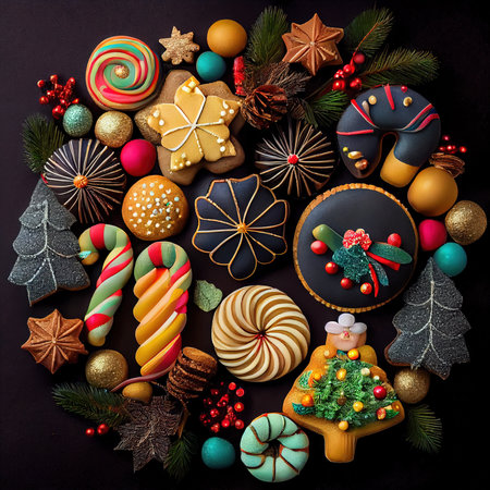 Delicious homemade Christmas cookies and other Christmas treats, close-up view. Generative AI Artの素材