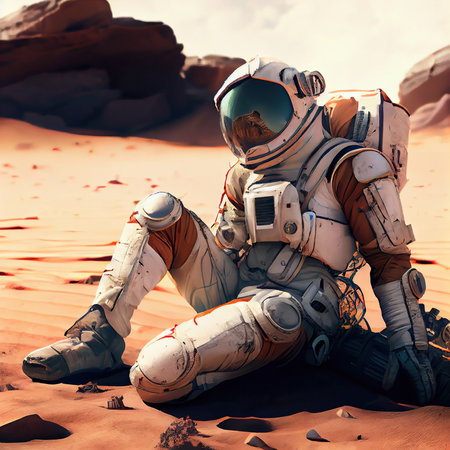 An astronaut on an alien planet. A high-tech astronaut from the future. The concept of space travel. Generative AI Artの素材