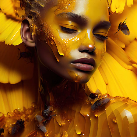 A woman covered in bee honey. The delicious honey drips down a young girls face. Generative AI Art.の素材