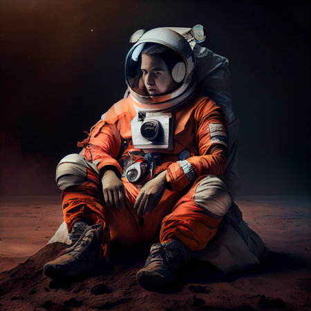 An astronaut on an alien planet. A high-tech astronaut from the future. The concept of space travel. Generative AI Artの素材