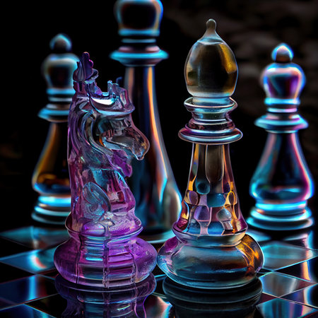 Glass Chess pieces on the board. The concept of planning, decision-making, and strategy. Generative AI Artの素材