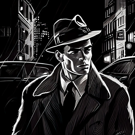 A detective investigates a case in the dark in a hat and cape. A character in a black and white retro movie. Generative AI Art.の素材