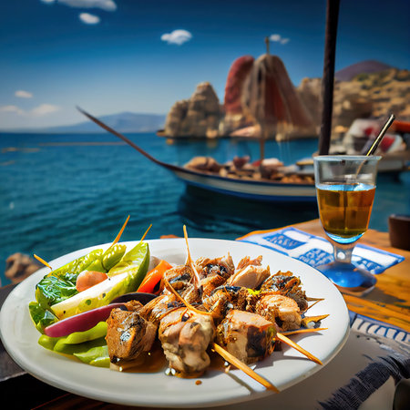 An assortment of Greek dishes with the sea and the sunny sky as a backdrop. Generative AI Artの素材