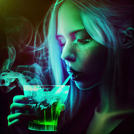 An abstract portrait of a beautiful fictional girl with a cocktail. A fashionable pretty woman. Creative pretty girl. Generative AI Art.の素材
