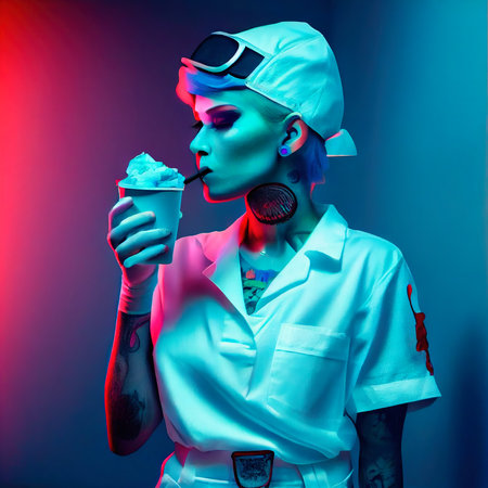 An abstract portrait of a beautiful fictional girl with a cocktail. A fashionable pretty woman. Creative pretty girl. Generative AI Art.の素材