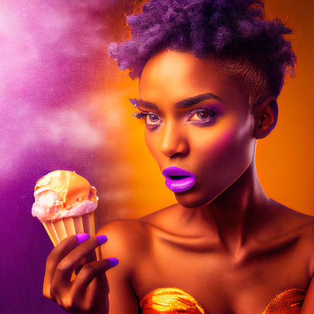 An abstract portrait of a beautiful fictional girl with a ice cream. A fashionable pretty woman. Creative pretty girl. Generative AI Art.の素材